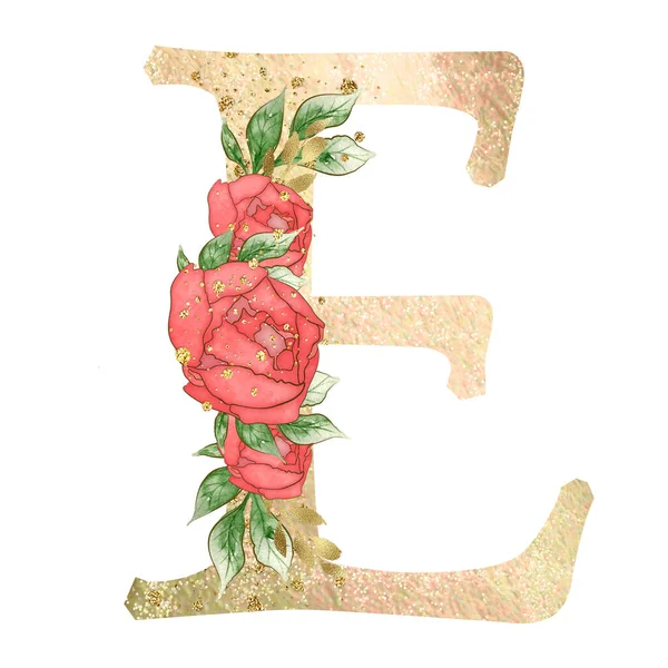 Gold Capital Letter Decorated Peonies Flowers Leaves High Quality Illustration — Stockfoto