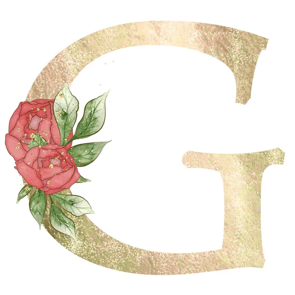 Gold capital letter A decorated with peonies flowers and leaves. High quality illustration.