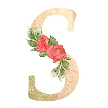Gold capital letter decorated with peonies flowers and leaves. High quality illustration.