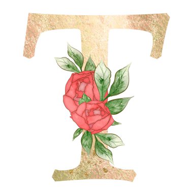 Gold capital letter decorated with peonies flowers and leaves. High quality illustration.