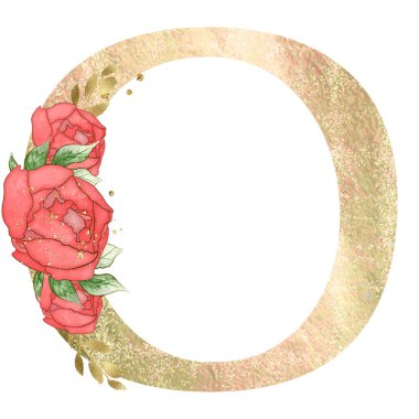 Gold capital letter decorated with peonies flowers and leaves. High quality illustration.