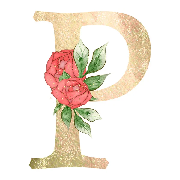 Gold capital letter decorated with peonies flowers and leaves. High quality illustration.
