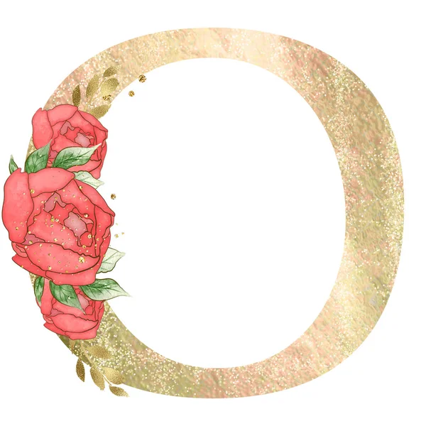 Gold capital letter decorated with peonies flowers and leaves. High quality illustration.