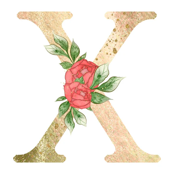 Gold Capital Letter Decorated Peonies Flowers Leaves High Quality Illustration — Photo