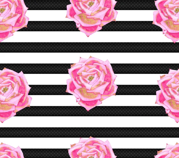 Black and white striped pattern with pink roses. . High quality illustration