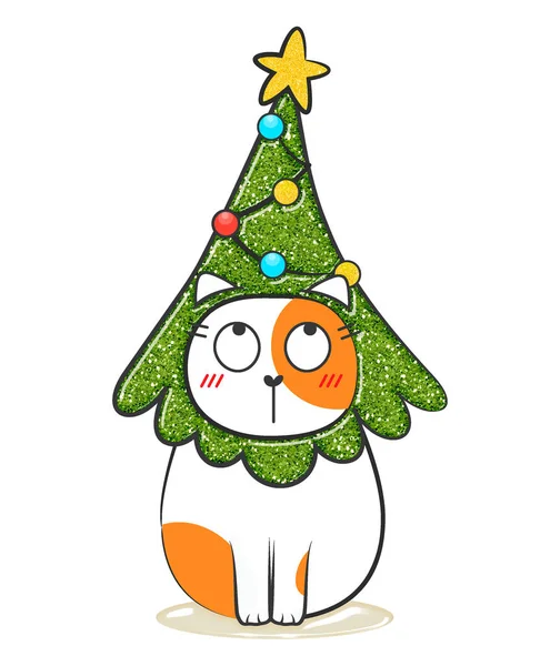 Christmas doodle fat cat in glitter style. Stock illustration.