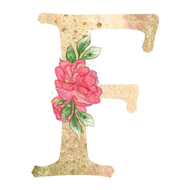 Gold capital letter A decorated with peonies flowers and leaves. High quality illustration.