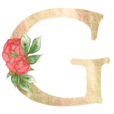 Gold capital letter A decorated with peonies flowers and leaves. High quality illustration.