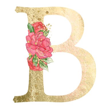Gold capital letter B decorated with peonies flowers and leaves. High quality illustration.