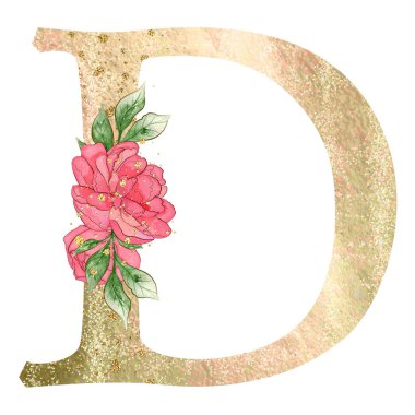 Gold capital letter A decorated with peonies flowers and leaves. High quality illustration.
