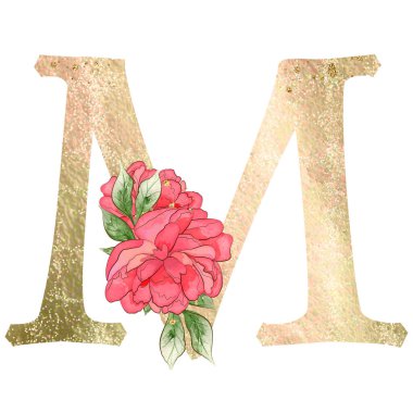 Gold capital letter decorated with peonies flowers and leaves. High quality illustration.