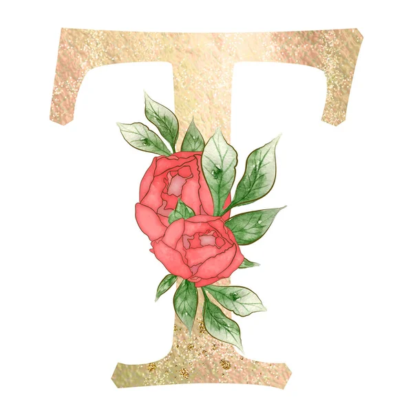 Gold capital letter decorated with peonies flowers and leaves. High quality illustration.