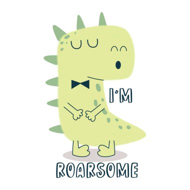 Cute Cartoon dinosaur. I am roarsome Dino world. Vector stock illustration. 