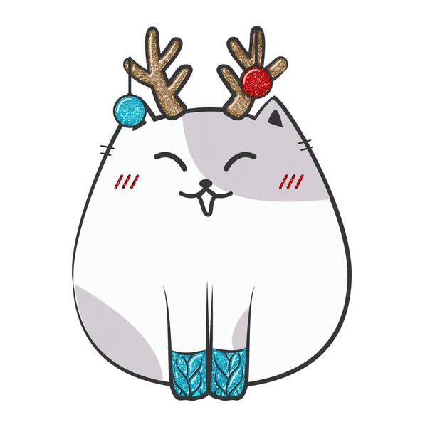 Christmas Doodle Fat Cat Glitter Style Stock Illustration — 스톡 사진
