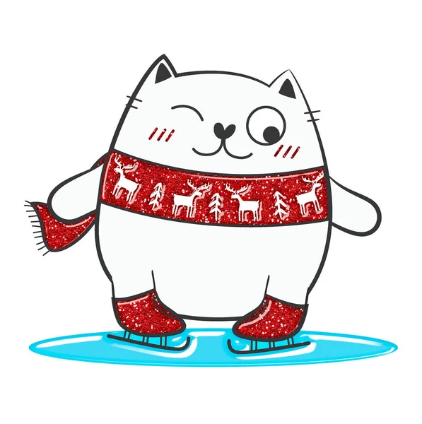 Christmas doodle fat cat in glitter style. Stock illustration.