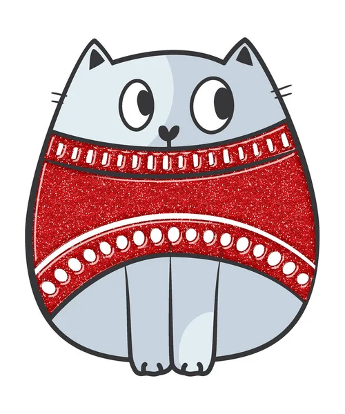 Christmas doodle fat cat in glitter style. Stock illustration.