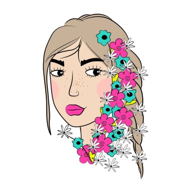 Pretty young girl with flowers in her hair. Vector stock illustration. 