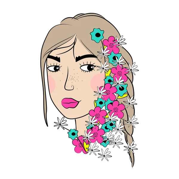 Pretty Young Girl Flowers Her Hair Vector Stock Illustration — Stockvektor