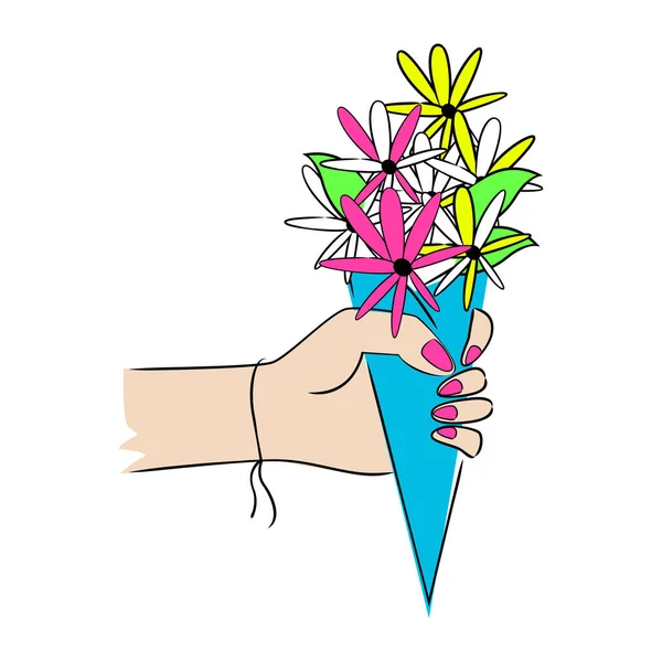 Female Hand Holding Bouquet Flowers Vector Stock Illustration — Vetor de Stock
