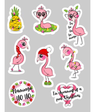 Cute pink flamingo celebrate christmas. Vector stock illustration. 