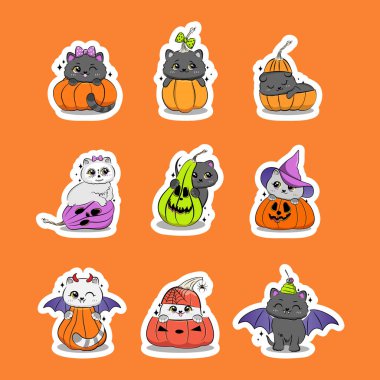 Cute halloween cats in cartoon style. Sticker pack. Vector illustration.