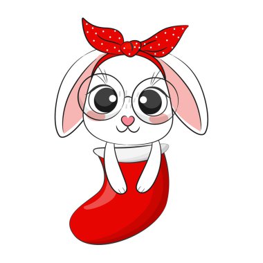 Cute cartoon Merry Christmas bunny, rabbit. Vector stock illustration.