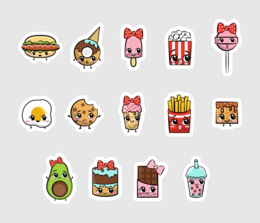 Tatlı kawaii yiyeceği ve içeceği. Vektör stok illüstrasyonu. 