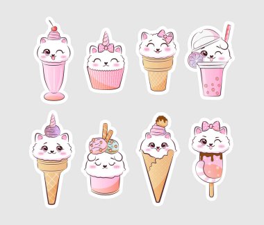 Cute sweet kitty cat in ice crem. Vector stock illustration.