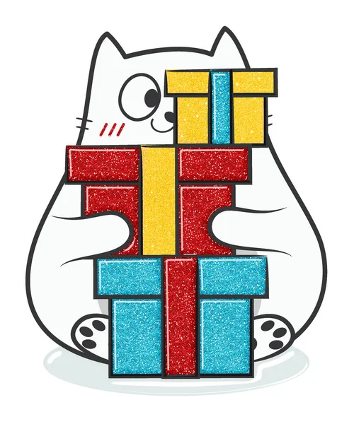 Christmas doodle fat cat in glitter style. Stock illustration.