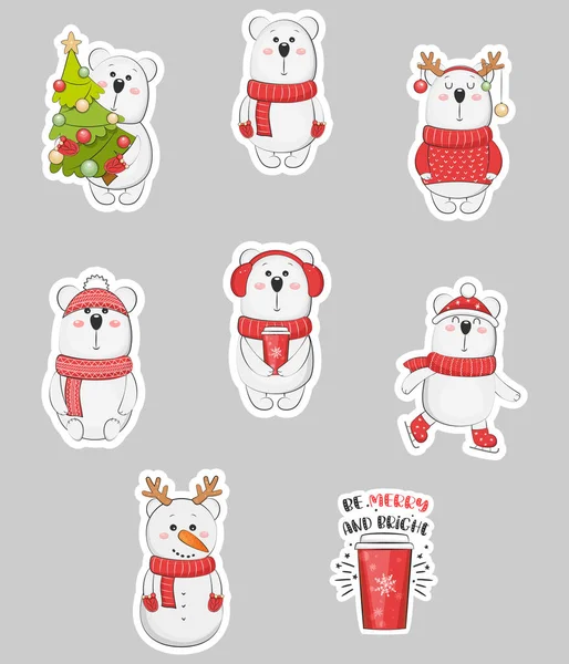 Cute Polar Bears Sticker Pack Christmas Holiday Vector Illustration —  Vetores de Stock