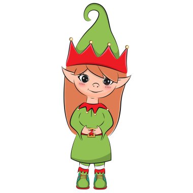 Cute little Santa helpers. Christmas elf. Vector stock illustration. 