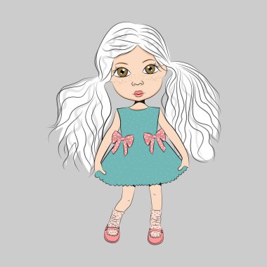 Cute cartoon baby girl, doll. Vector stock illustration.