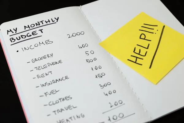 Cuaderno Blanco Con Presupuesto Mensual Cálculos Tarjeta Con Texto Ayuda — Foto de Stock