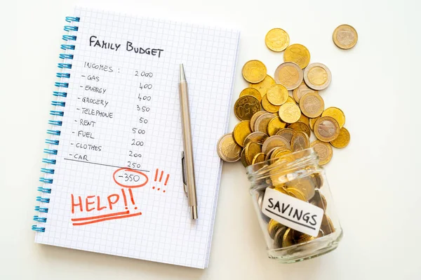 Squared Notebook Family Budget Calculations Help Text Coins Next Rising — Stock Photo, Image