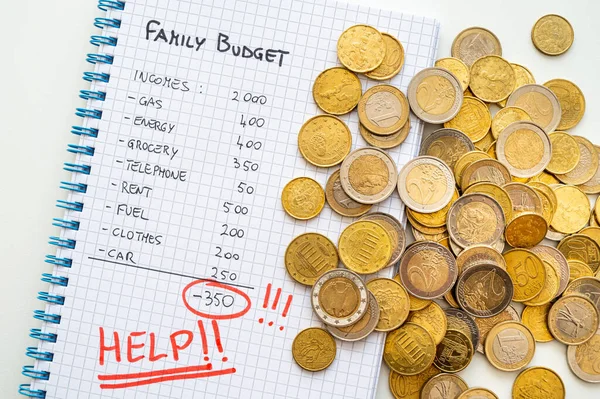 Squared Notebook Family Budget Calculations Help Text Coins Next Rising — Stock Photo, Image