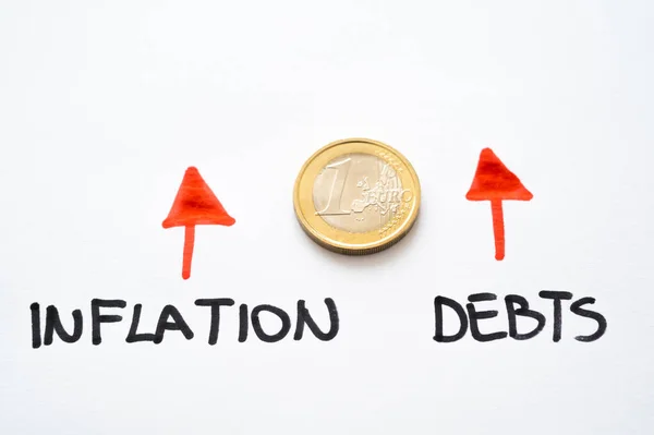 Pièce Euros Avec Texte Inflation Dettes Côté Avec Des Flèches — Photo