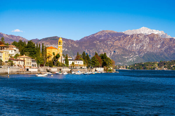 The town of Tremezzina, on Lake Como, photographed on a spring day.