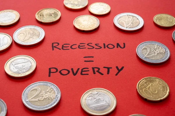 Text Recession Poverty Written Red Surface Few Coins Poverty Economic — Photo