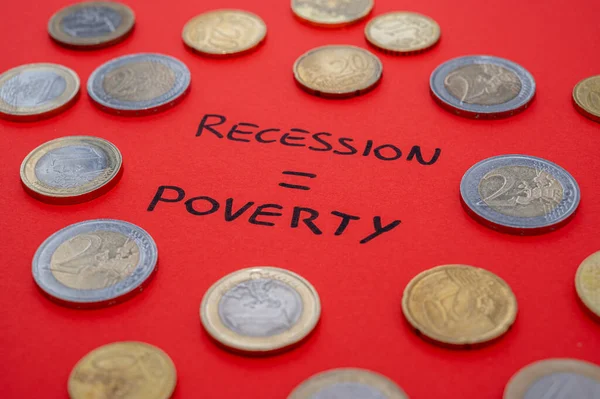 Text Recession Poverty Written Red Surface Few Coins Poverty Economic — Photo