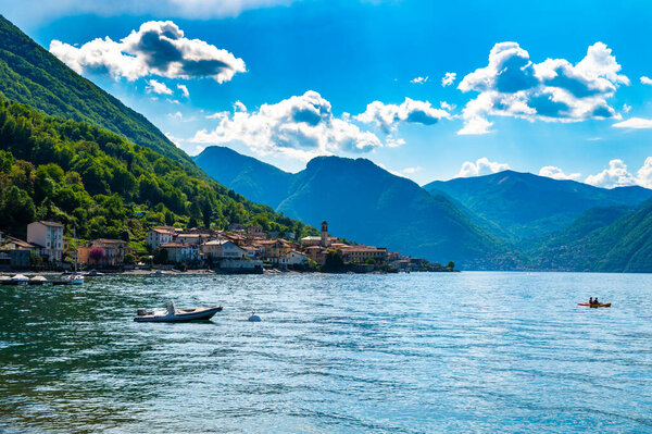 View of Lake Como and the town of Lezzeno, with the church and its village.