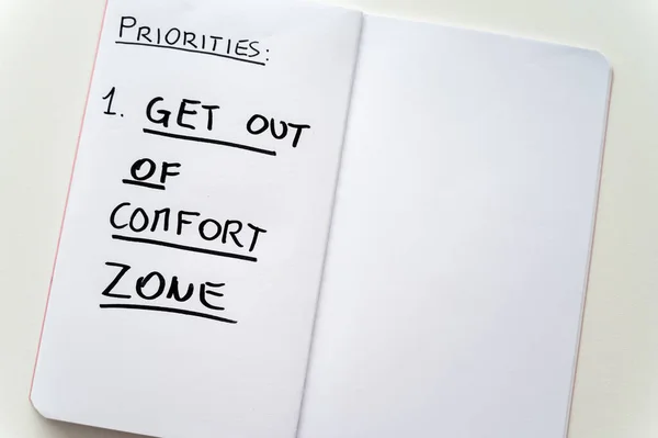 Diary Page Text Priorities Get Out Comfort Zone Lifestyle Change — Foto de Stock