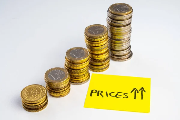 Stacks Coins Increasing Height Next Yellow Ticket Word Prices Price — Stock Photo, Image