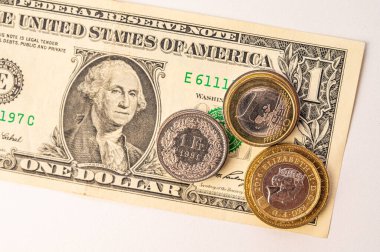 Euro, Dollar, Pound and Swiss Franc coins on white surface. Value of Swiss Franc, Dollar, Pound and Euro, exchange rate trend.