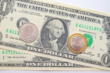 Coins of Euro, Dollar, and Swiss Franc on white surface. Value of Swiss Franc, Dollar, and Euro, exchange rate trend.