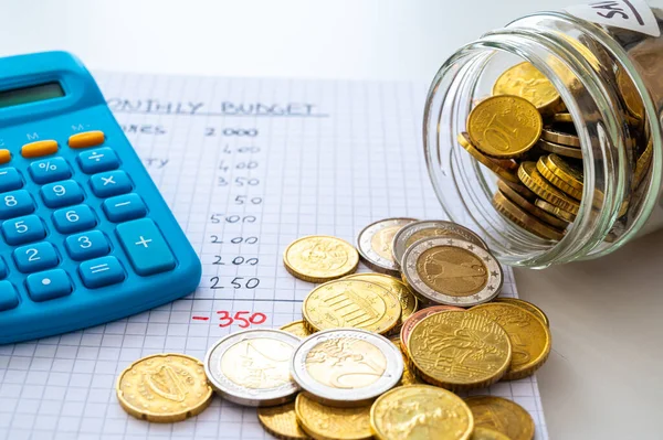 Cuaderno Con Presupuesto Mensual Calculadora Lado Frasco Con Monedas Aumento — Foto de Stock