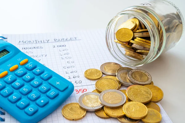 Notebook Monthly Budget Calculator Next Jar Coins Rising Prices Inflation — Stock Photo, Image