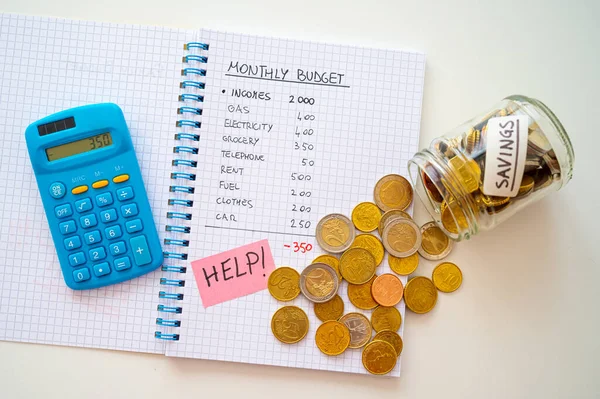 Cuaderno Con Presupuesto Mensual Calculadora Texto Ayuda Lado Frasco Con — Foto de Stock