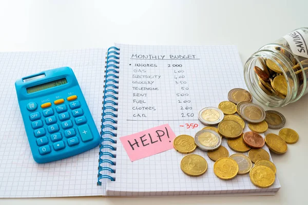 Cuaderno Con Presupuesto Mensual Calculadora Texto Ayuda Lado Frasco Con — Foto de Stock