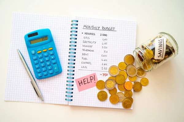 Cuaderno Con Presupuesto Mensual Calculadora Texto Ayuda Lado Frasco Con —  Fotos de Stock