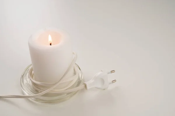 Lit Candle Next Electric Plug Energy Savings Increased Tariffs Bills — Stock Photo, Image